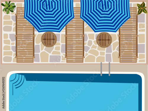 Cozy terrace patio with pool, umbrellas, sunbeds, loungers. Summer resort, hotel lounge zone. Top view vector illustration.
