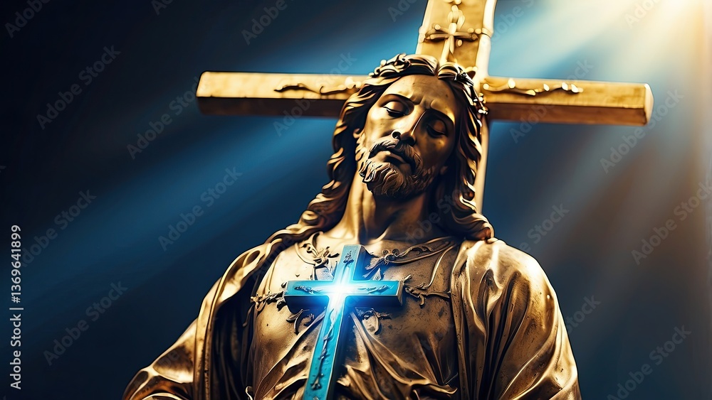 Obraz premium A graphic representation for Good Friday featuring a silhouette of Jesus on the cross against a golden sun rising or setting in the background.