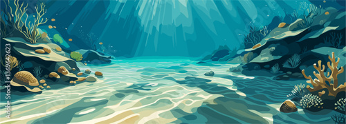 Sea bottom, Underwater vector background, banner. Exotic undersea world with coral reef. Marine landscape, seascape
