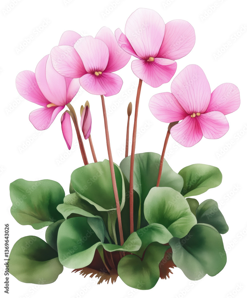 Beautiful pink cyclamen flowers blooming in a lush green garden isolated on transparent background.