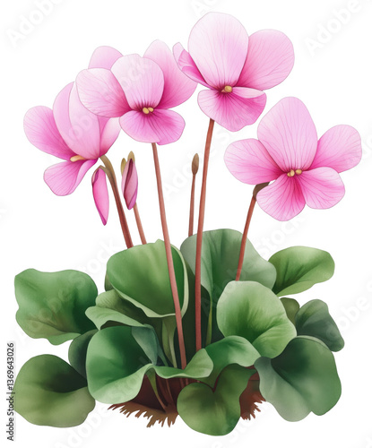 Obraz na płótnie Beautiful pink cyclamen flowers blooming in a lush green garden isolated on transparent background. w salonie