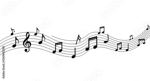 Flowing musical staff with notes and treble clef, minimalist design.
