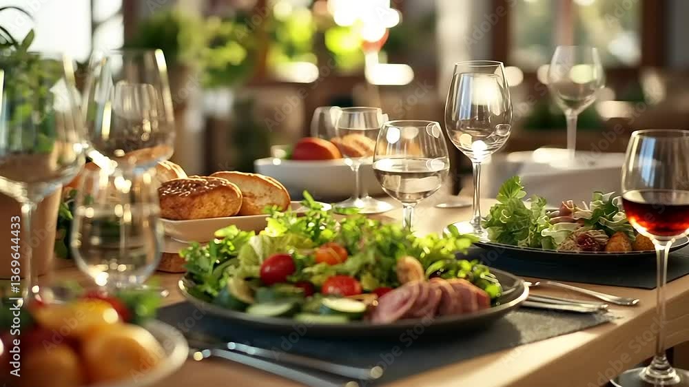 Elegant dining table set with fresh salad, wine, and pastries in a warm, inviting restaurant ambiance Elegant dining table set with fresh salad, wine, and pastries in a warm, inviting restaurant ambiance