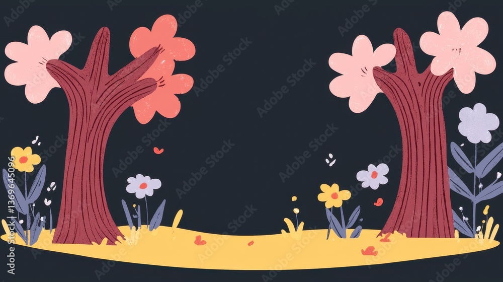 Fototapeta premium Whimsical Pixel Art Illustration of Two Flowering Trees