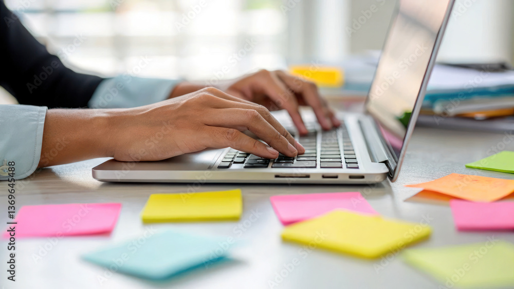 Efficient office worker typing on laptop surrounded by colorful sticky notes, showcasing productivity and organization Efficient office worker typing on laptop surrounded by colorful sticky notes, showcasing productivity and organization