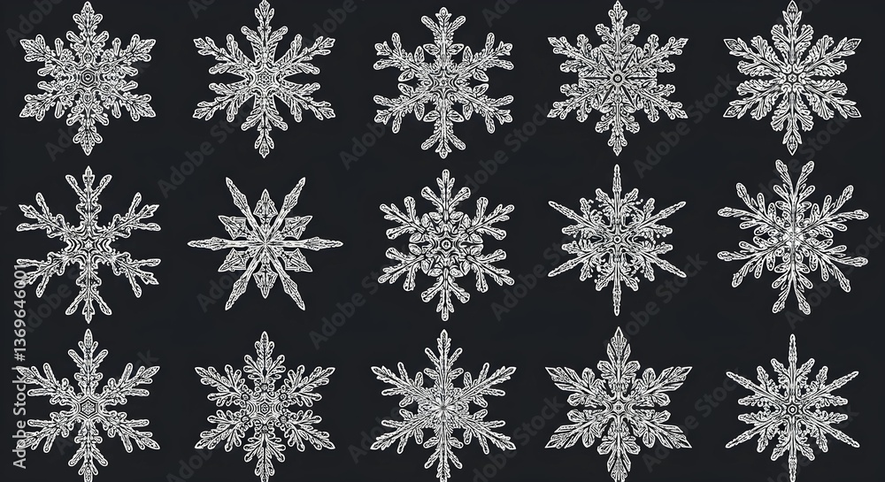 Detailed, elegant snowflakes with intricate patterns, perfect for winter designs. Detailed, elegant snowflakes with intricate patterns, perfect for winter designs.
