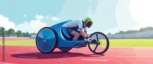 Athlete racing in innovative wheelchair on vibrant racetrack, speed