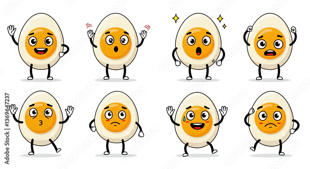 Naklejka premium Cartoon egg characters with expressive emoticon faces in playful vector style.