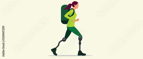 Dynamic hiking woman with prosthetic leg in vibrant green outfit, empowerment