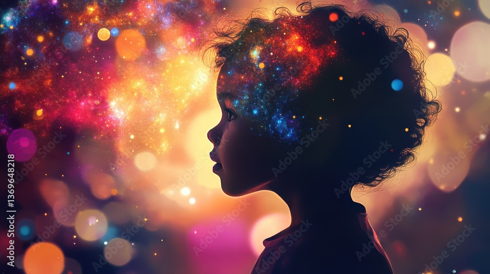 Child with a glowing head full of vibrant colors and cosmic elements set against a dreamy background Child with a glowing head full of vibrant colors and cosmic elements set against a dreamy background