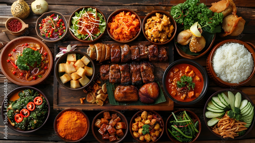 Fototapeta premium Assorted Asian Cuisine Dishes Served in Bowls on Rustic Wooden Table
