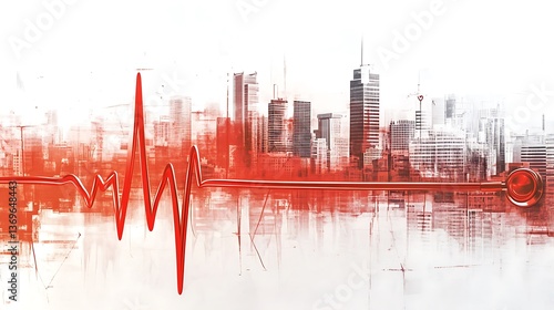 A stethoscope pulse forming a heartbeat across a cityscape.