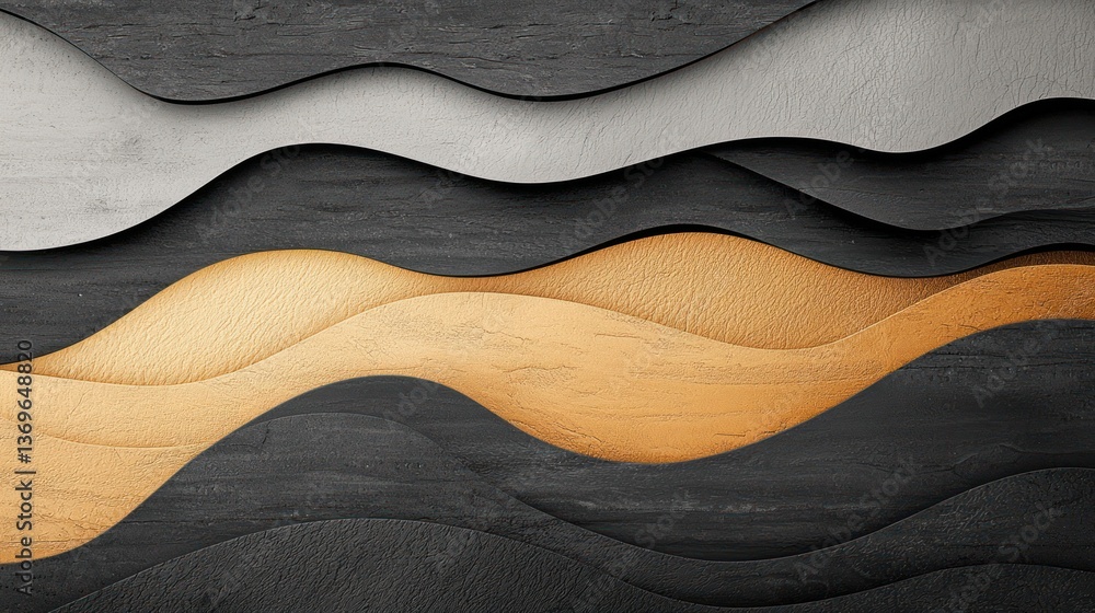 Abstract wavy layers of gray, gold, and black. Textured and layered design Abstract wavy layers of gray, gold, and black. Textured and layered design