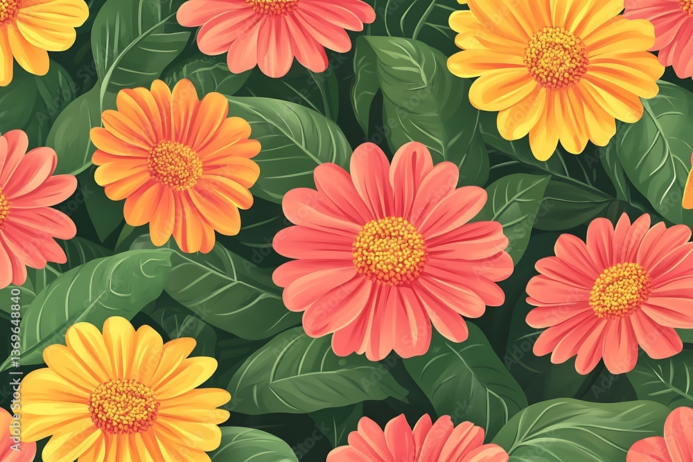 Vibrant gerbera daisy flower pattern with lush green leaves for backgrounds and designs Vibrant gerbera daisy flower pattern with lush green leaves for backgrounds and designs