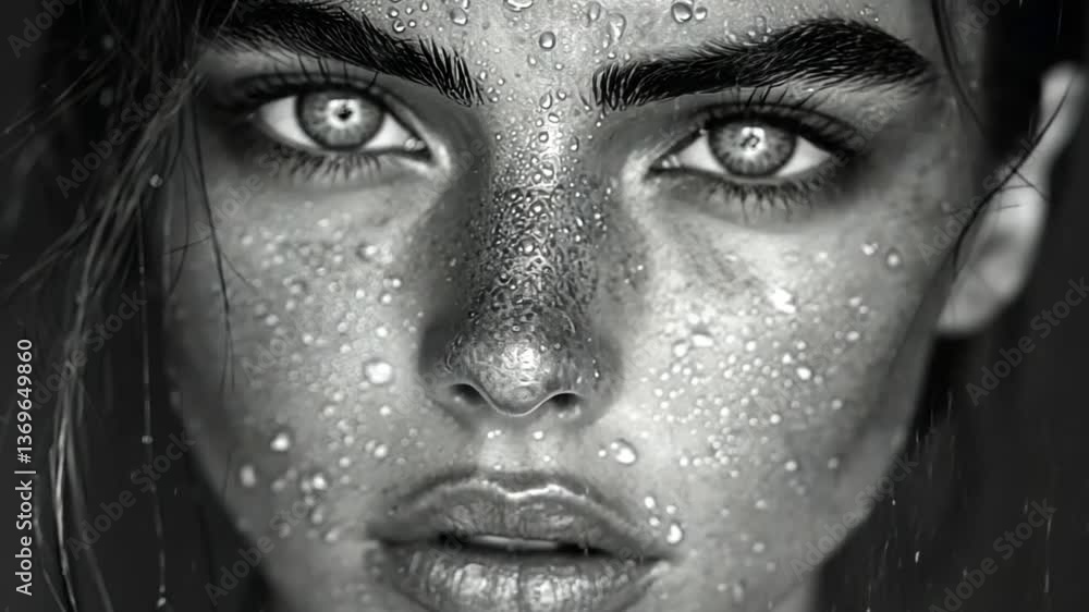 Close-up grayscale portrait of woman with water droplets on skin, focused on intense expression. Possible use Stock photo for beauty, fashion, or emotional expressions Close-up grayscale portrait of woman with water droplets on skin, focused on intense expression. Possible use Stock photo for beauty, fashion, or emotional expressions