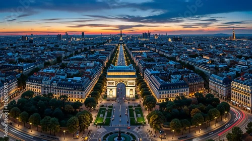 Twilight Over Paris, Aerial View of Arc de Triomphe at Dusk