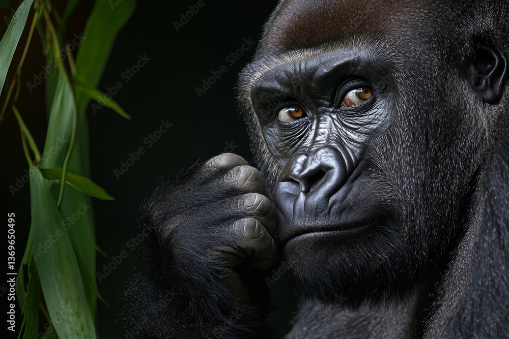 Obraz premium A powerful silverback gorilla sitting among the dense jungle foliage, staring thoughtfully into the distance