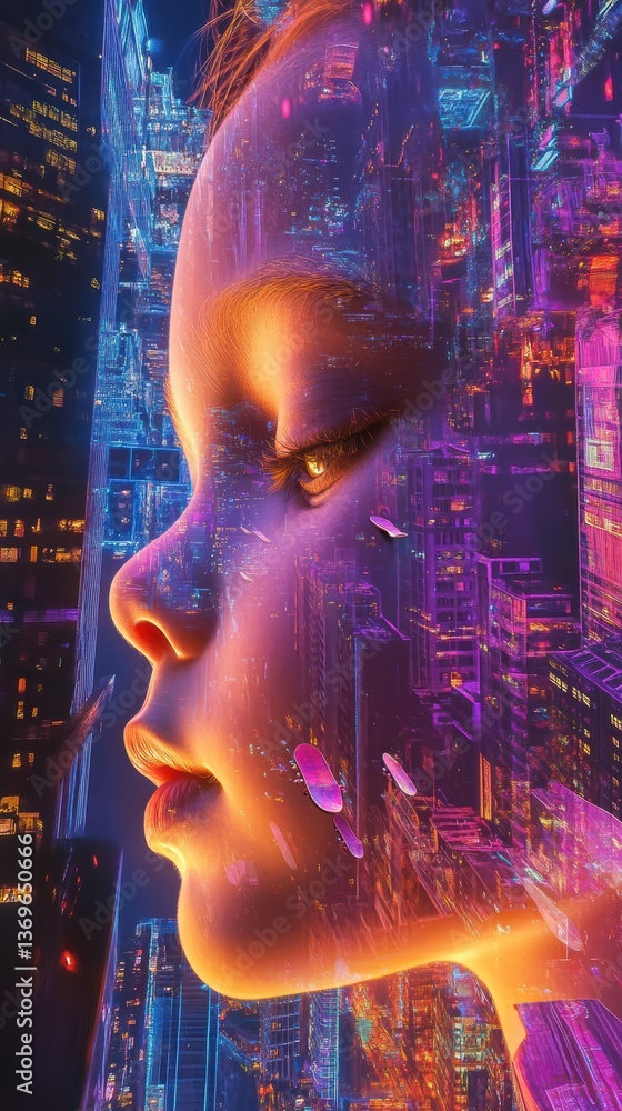 Surreal glow of a child's face amidst neon city lights in a futuristic landscape at twilight Surreal glow of a child's face amidst neon city lights in a futuristic landscape at twilight