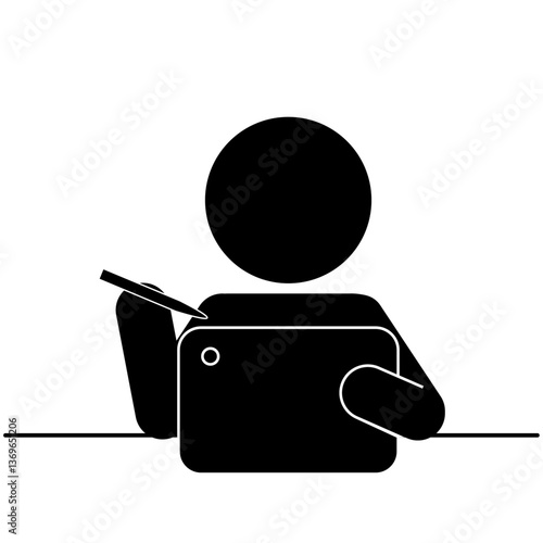 タッチペンを使ってタブレットを操作する人のピクトグラム