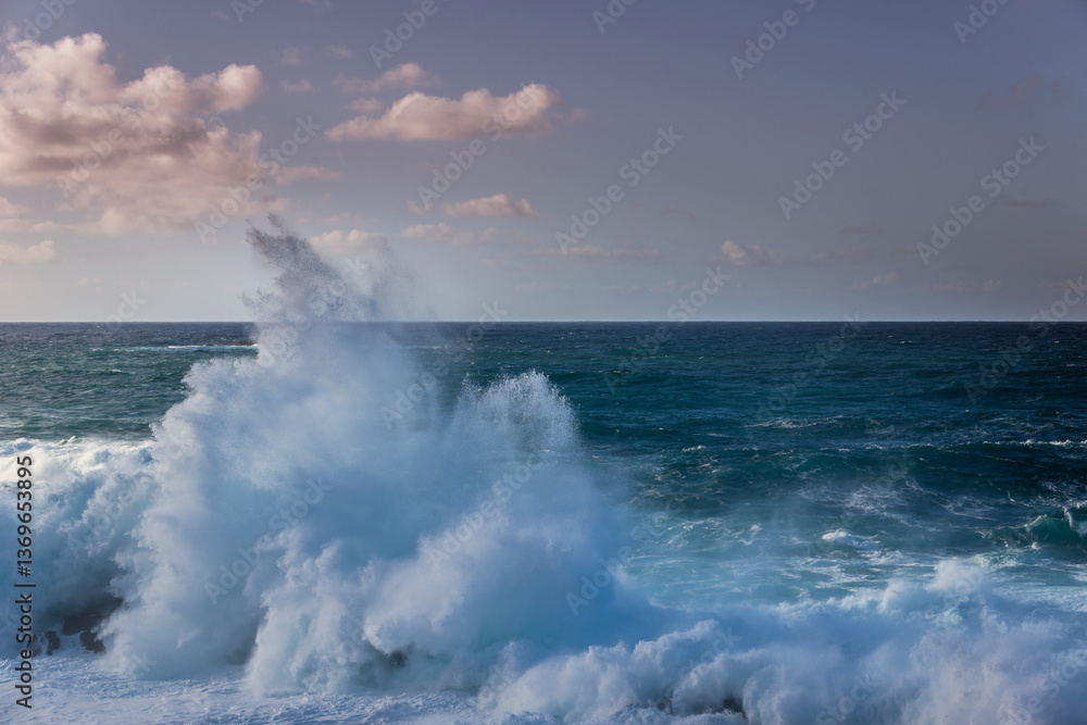 Powerful storm waves in Porto Moniz, on the Madeira Atlantic coastline, Portugal