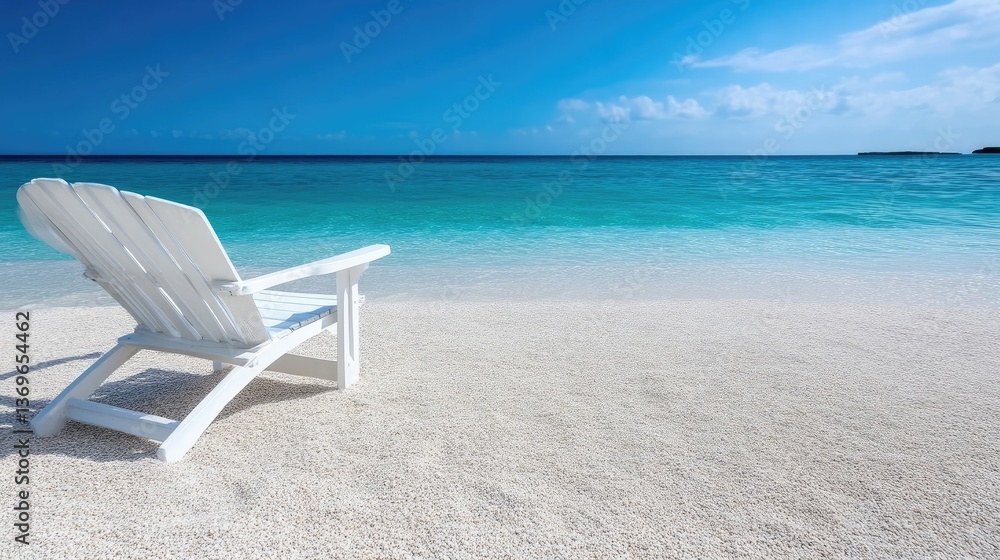 Empty beach chair on pristine white sand beach, turquoise water, clear blue sky Empty beach chair on pristine white sand beach, turquoise water, clear blue sky