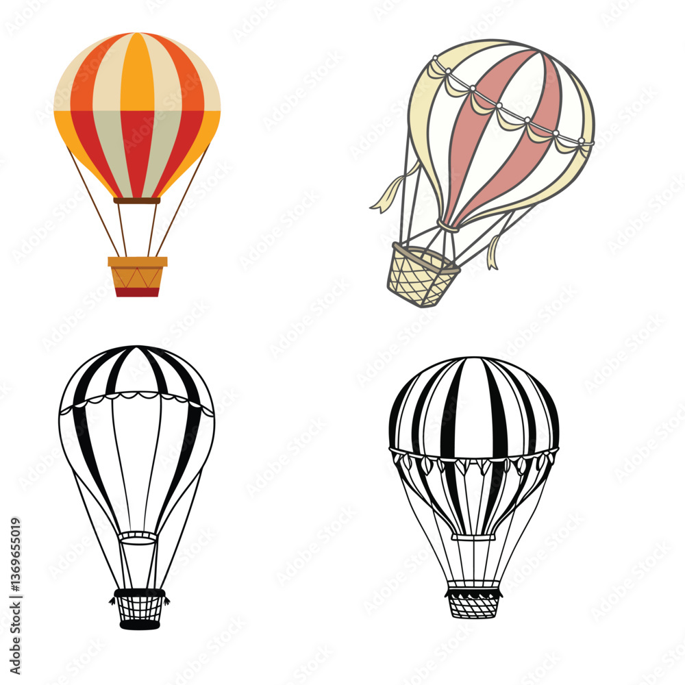 Naklejka premium Smooth Hot Air Balloon Vector with Basket and Ropes on White Background | High-Quality Digital Illustration for Designers and Print