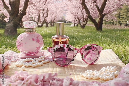 A Japanese cherry blossom festival scene with a sakura-scented perfume bottle, cherry blossom print sunglasses, and pearls on a picnic mat under blooming trees.
