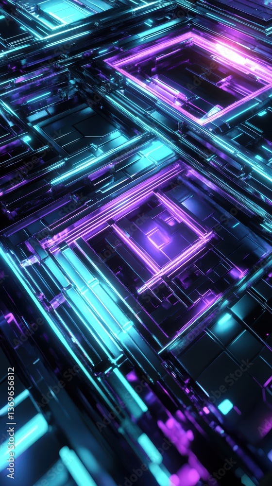 Fototapeta premium Vibrant geometric patterns illuminated by luminous neon lights creating a futuristic atmosphere