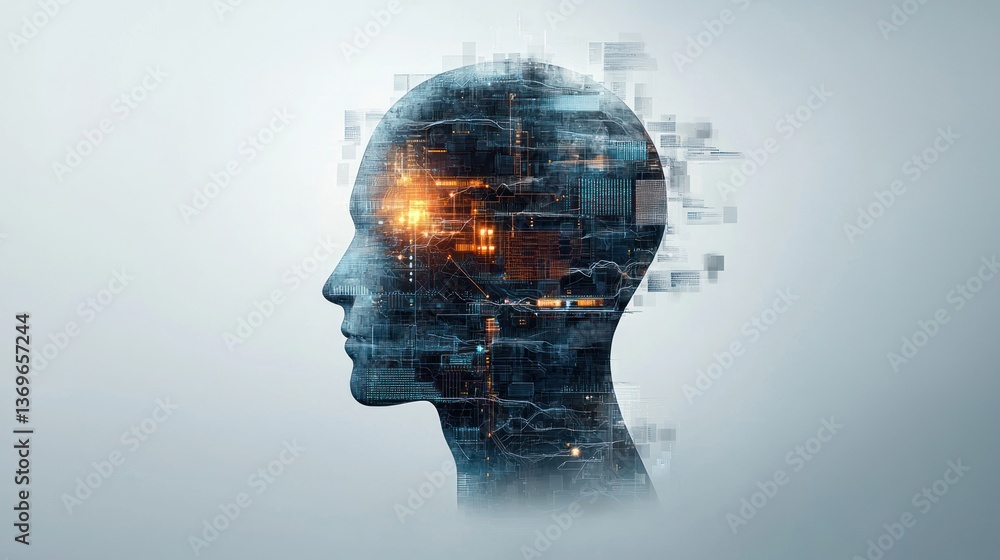 AI mind, digital brain, technological head, glowing circuits