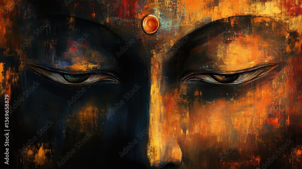 Vesak Day, Serene Buddha Face Painting: Close Up of Peaceful Eyes and Golden Texture Vesak Day, Serene Buddha Face Painting: Close Up of Peaceful Eyes and Golden Texture