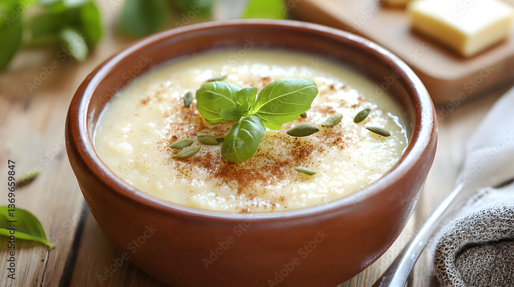 Creamy Semolina Porridge with a Touch of Cinnamon and Fresh Basil in Rustic Bowl on Wooden Table Creamy Semolina Porridge with a Touch of Cinnamon and Fresh Basil in Rustic Bowl on Wooden Table