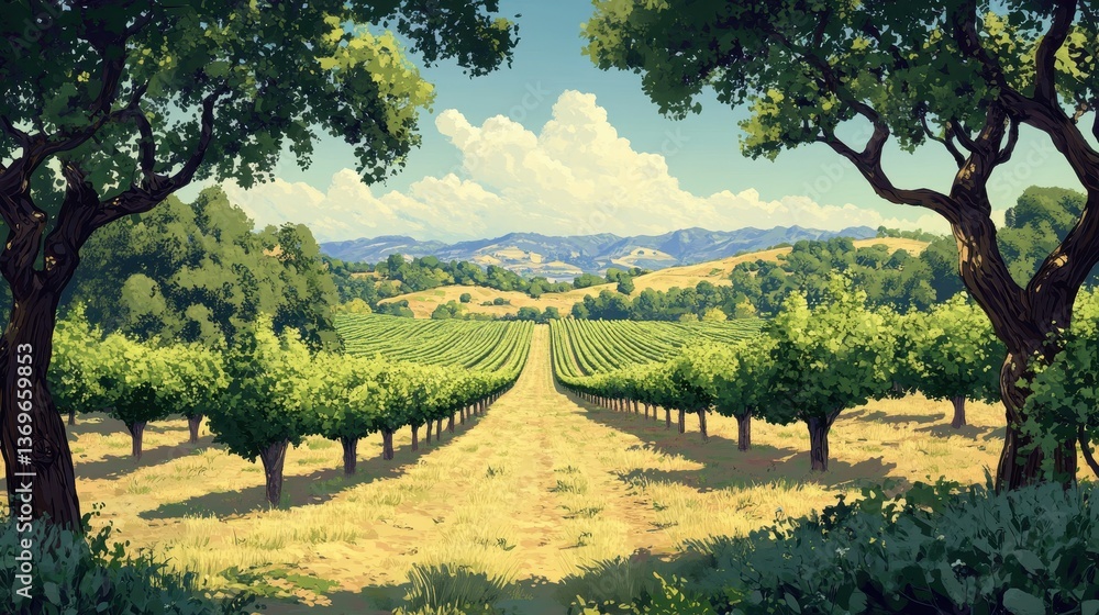 Obraz premium Lush vineyard landscape with rows of grapevines and rolling hills. Great for travel blogs, winery promotion, or landscape designs.