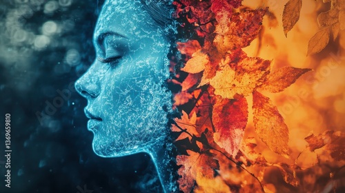 Visualization of a glowing woman blending with autumn leaves and shimmering blue elements, capturing the essence of nature and serenity