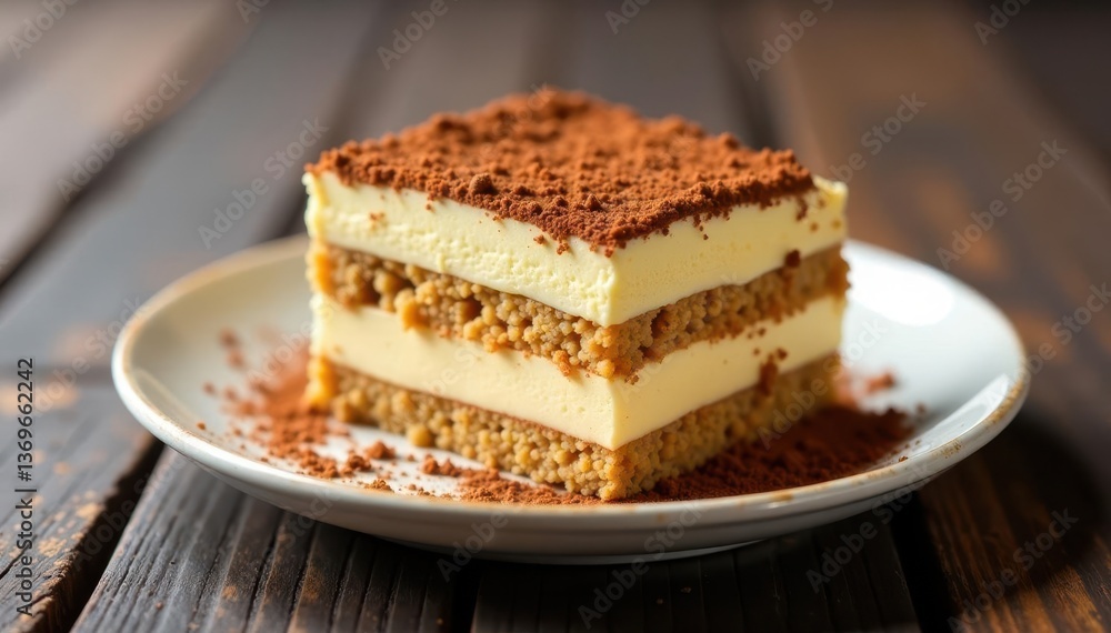 Individual tiramisu portion, dusted with cocoa, showing texture and layers , pastry, appetizing food Individual tiramisu portion, dusted with cocoa, showing texture and layers , pastry, appetizing food