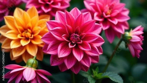 Intricate dahlia blooms, vibrant colors, close-up view, red, textile, retro