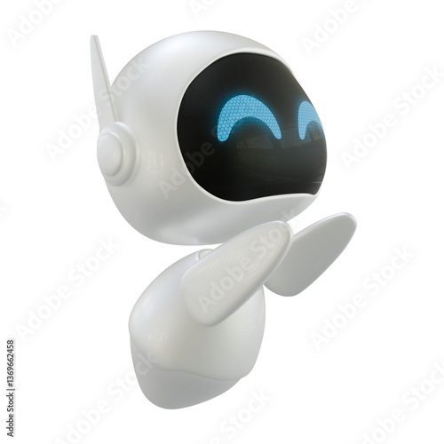 Personal assistant robot with a flying gesture. Mini robot 3d character.