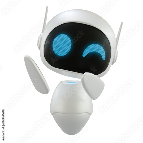 Personal assistant robot with a wink eye gesture. Mini robot 3d character.