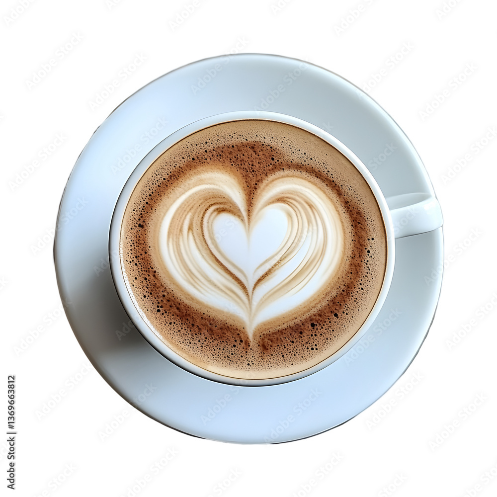Latte art with heart design in a white cup on a saucer isolated on transparent background Latte art with heart design in a white cup on a saucer isolated on transparent background