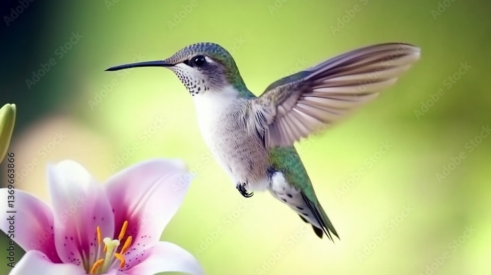 Naklejka premium Hummingbird in flight near a flower (1)