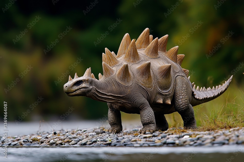 A Stegosaurus grazing near a riverbank, its spiked tail raised defensively A Stegosaurus grazing near a riverbank, its spiked tail raised defensively