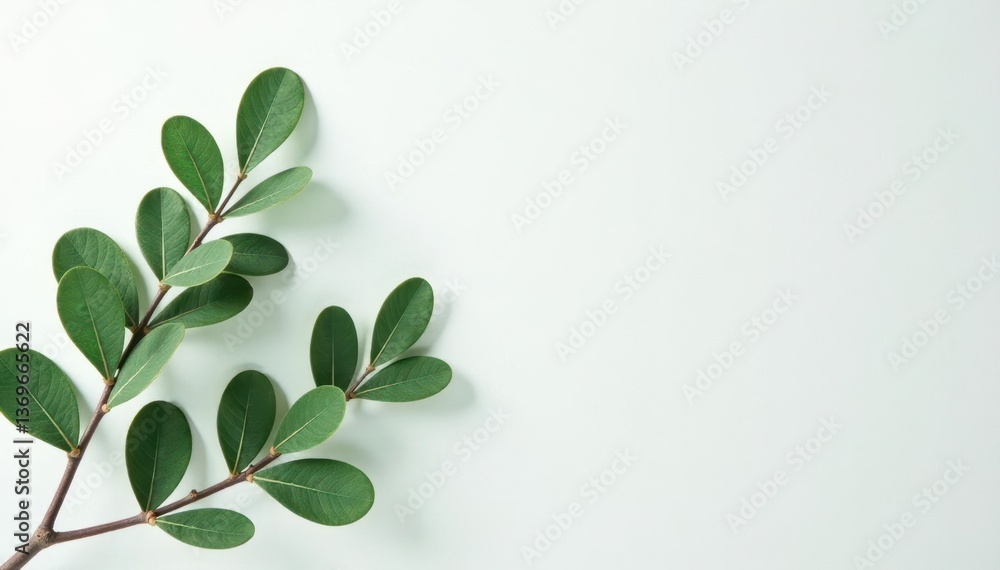 Naklejka premium Foliage of a eucalyptus tree against a white background with subtle texture, fresh, , botany
