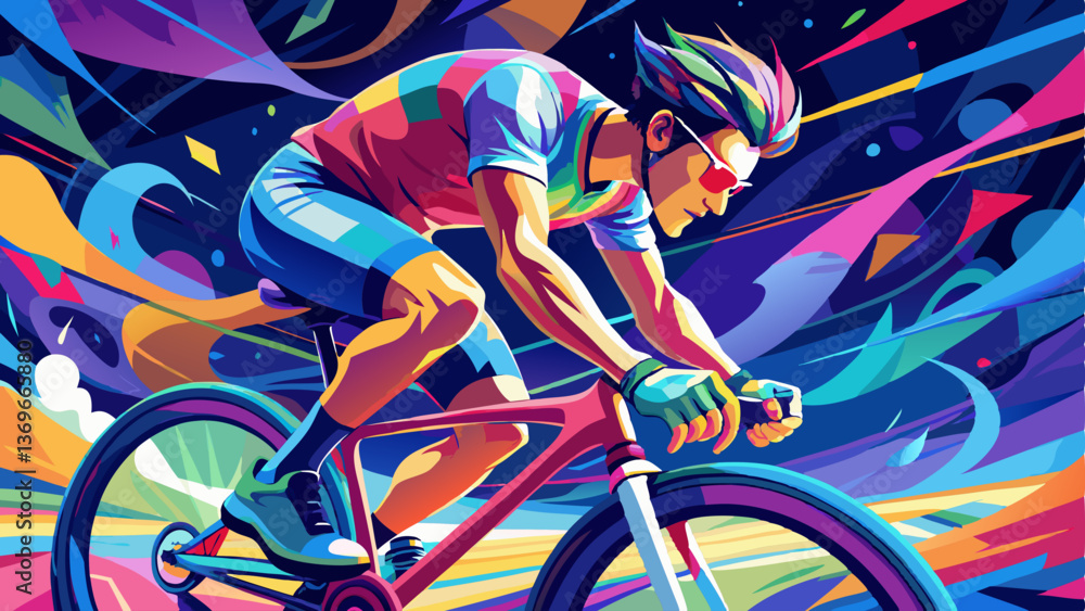 Fototapeta premium young man riding a bicycle with a colorful energy, digital art style, illustration painting