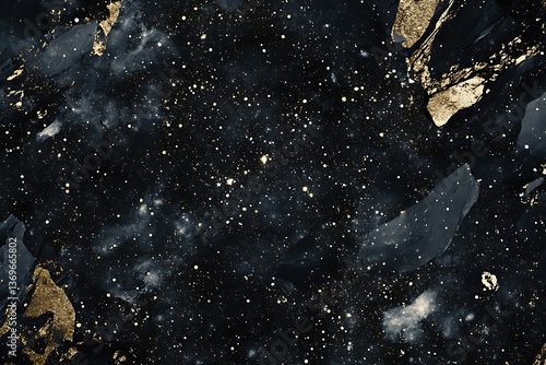 Abstract dark blue and gold textured background with starry sky effect and glittery accents
