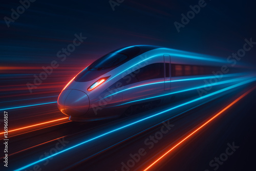 High-speed train with neon trail effect in futuristic setting