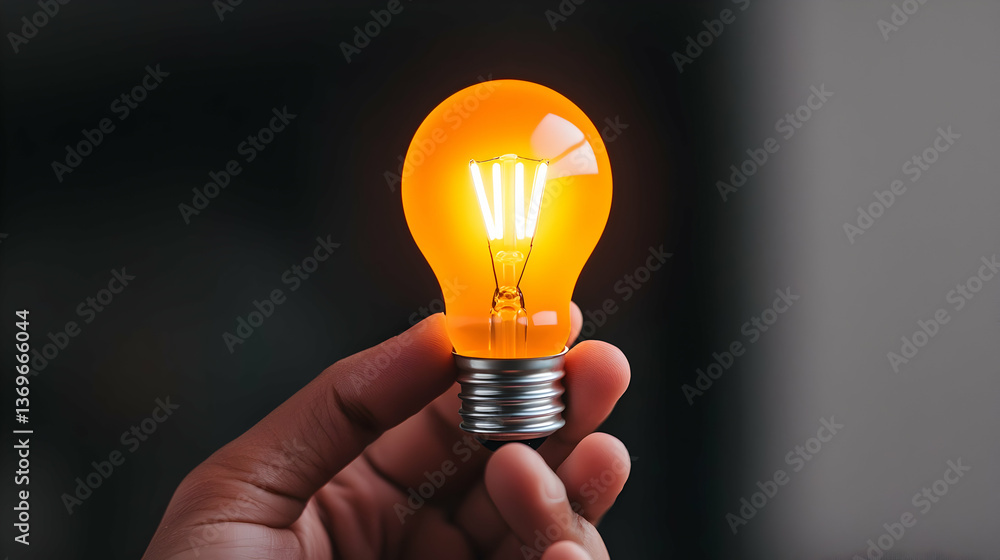 Hand Holding a Glowing Orange Lightbulb Against a Dark Background Hand Holding a Glowing Orange Lightbulb Against a Dark Background