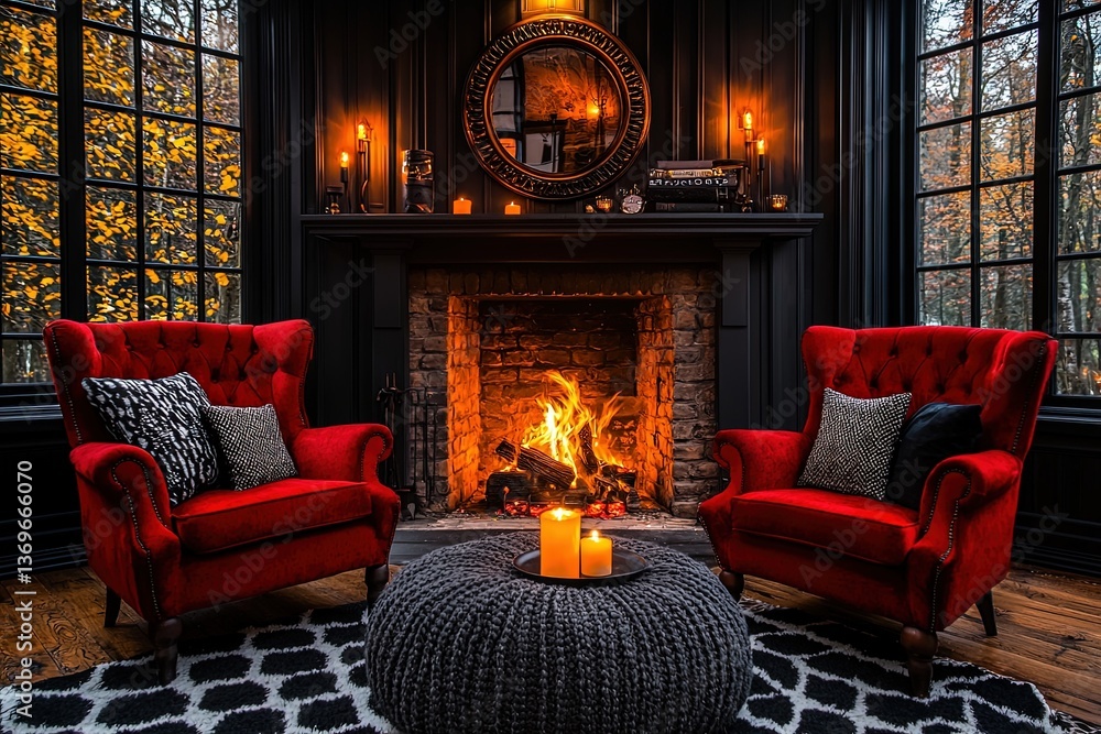 Fototapeta premium Cozy Indoor Scene Featuring Two Comfortable Armchairs by the Fireplace with Warm Ambiance and Autumnal View from Large Windows