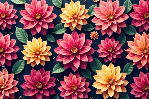 Geometric dahlia repeat, stylized blossoms, elegant design, interior, surface, geometric