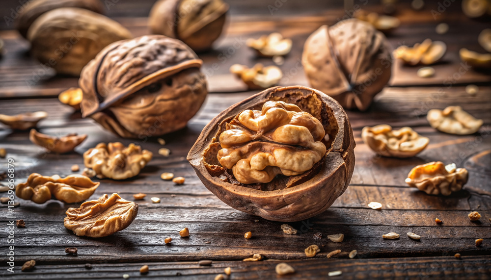 Obraz premium Walnuts on wooden surface, some cracked open and scattered