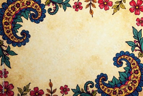 Geometric paisley print on aged paper, muted tones, photo, aesthetic