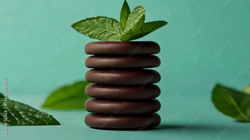 A stack of delicious peppermint patties with a smooth chocolate coating, garnished with fresh mint leaves